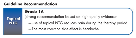 This is a table of prescription therapies for CAF            Topical NTG is graded 1A (strong recommendation based on high-quality evidence)            Use of topical NTG reduces pain during the therapy period            The most common side effect is headache            Topical calcium channel blockers are graded 1B (strong recommendation based on moderate-quality evidence)            The most common side effect is headache            Botulinum toxin injections are graded 1C (strong recommendation based on low-quality evidence)            The most common side effects are temporary gas and stool incontinence            No head-to-head trials of RECTIV vs other prescription therapies for CAF have been conducted.